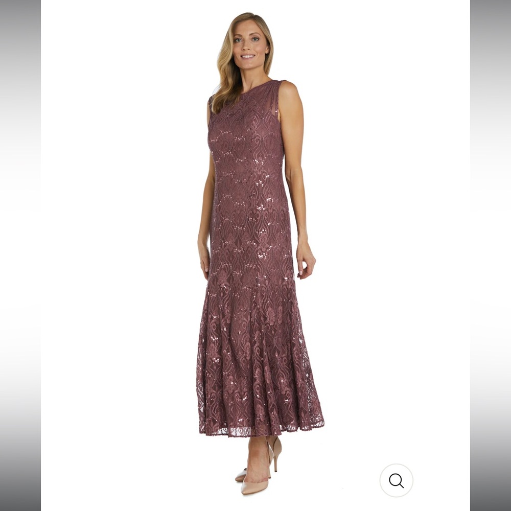 R&M Richards Sequined Lace Gown with Sheer Inserts in Dark Rose size 10